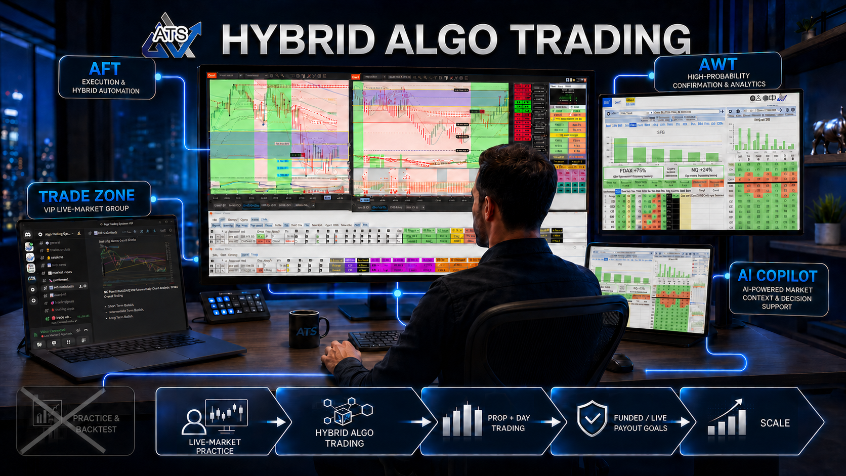 ATS Hybrid Algo Trading combining an experienced trader, AFT, AWT, ATS Trade Zone and AI Copilot