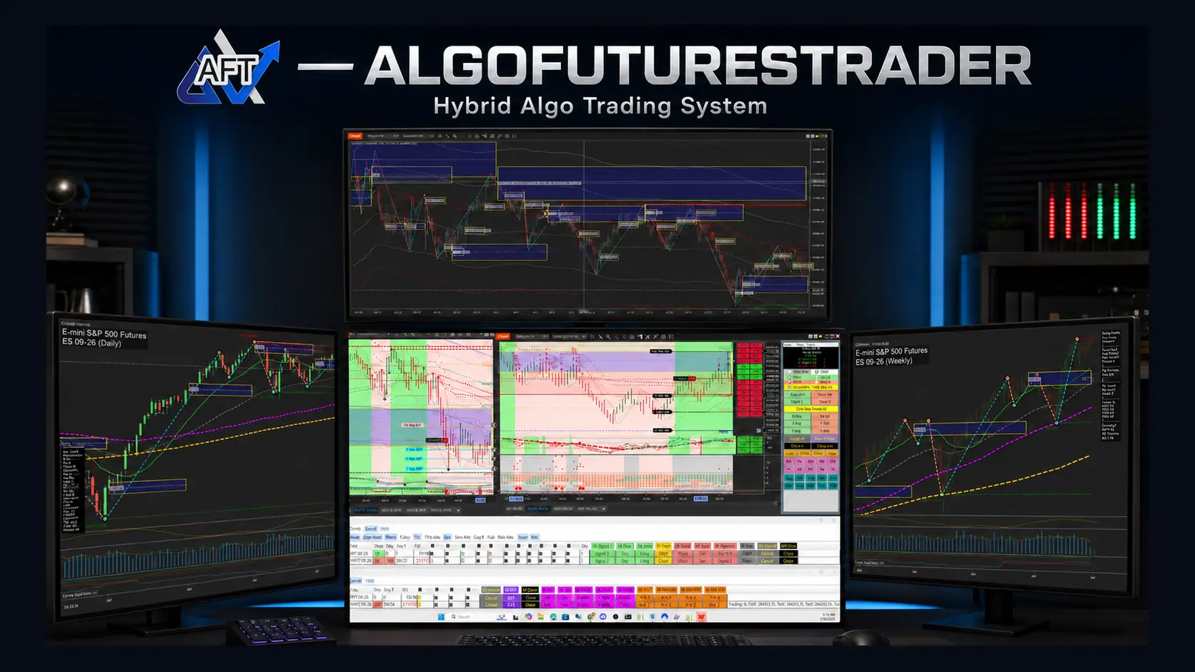 AlgoFuturesTrader four-monitor hybrid trading workspace showing live algorithmic trading controls and higher-timeframe futures analysis