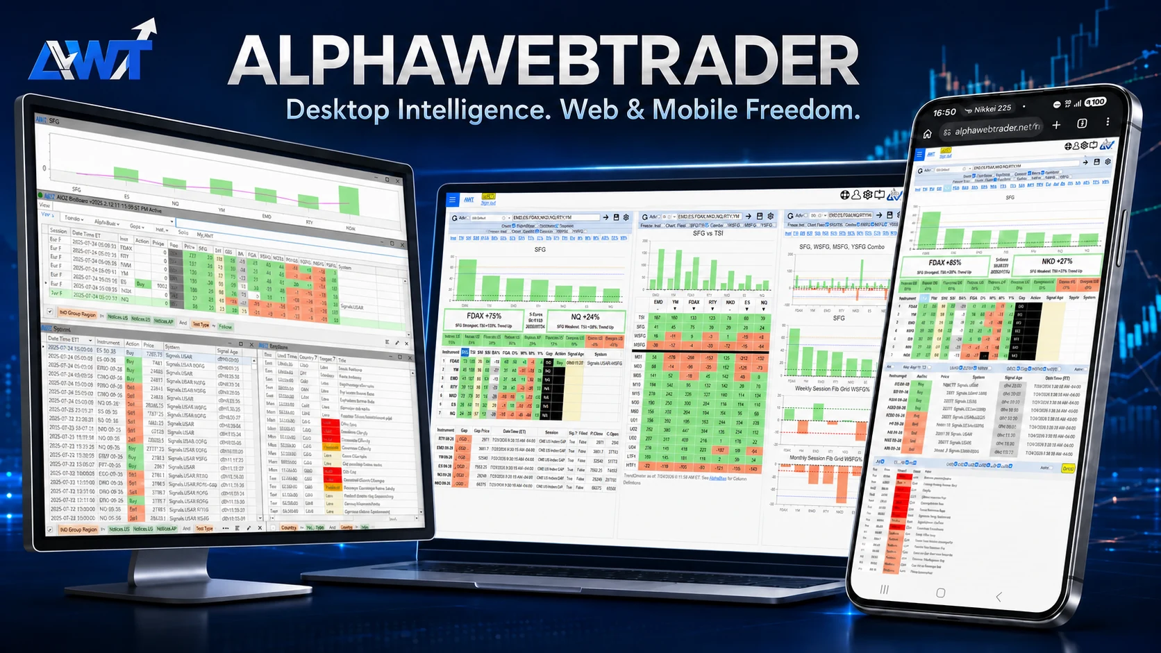AlphaWebTrader futures trading tools across desktop, web and mobile
