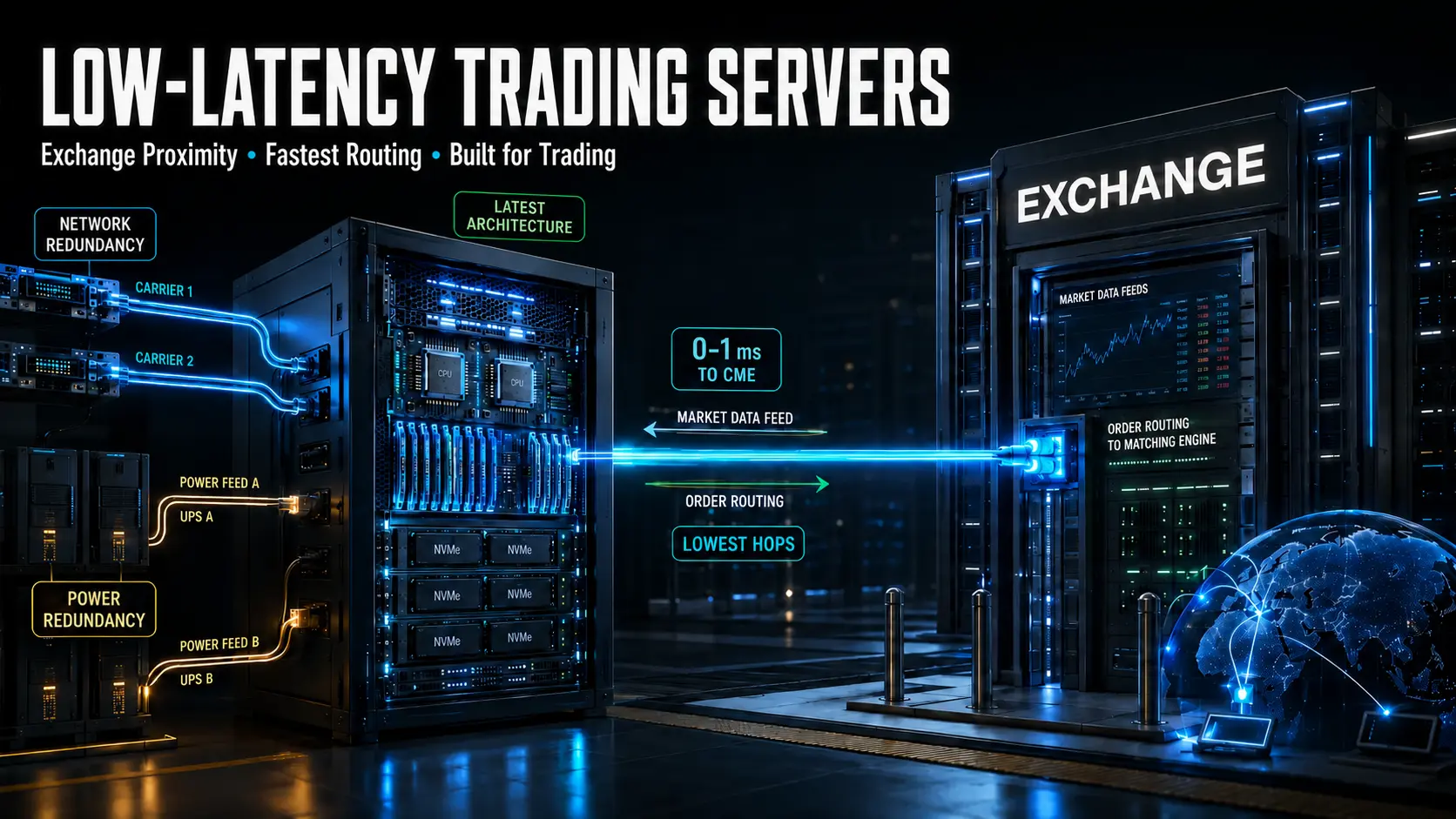 Low-latency trading server with exchange-proximity routing, redundant networks and power, and latest-generation architecture