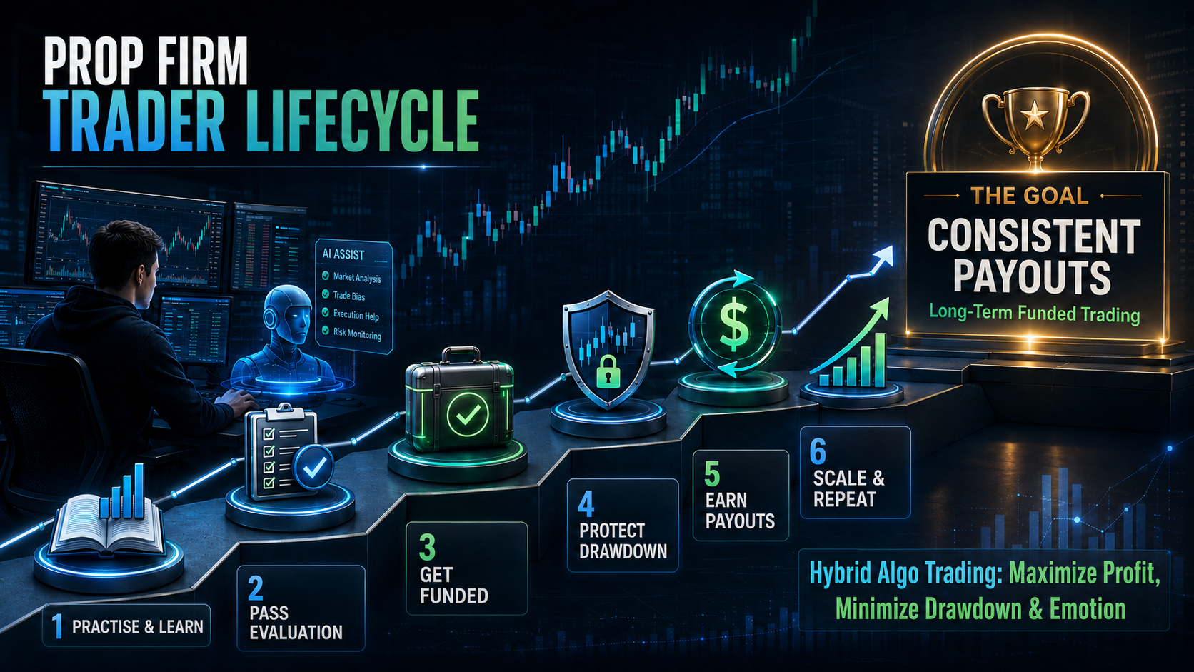 Prop-firm trader lifecycle using hybrid algorithmic trading to progress from training and evaluation towards funding and payouts